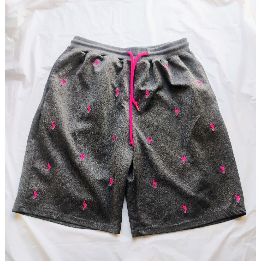 Blue Gear Mens 2XL Gray Sweat Shorts Pink Flamingo Print Tropical Spring Summer